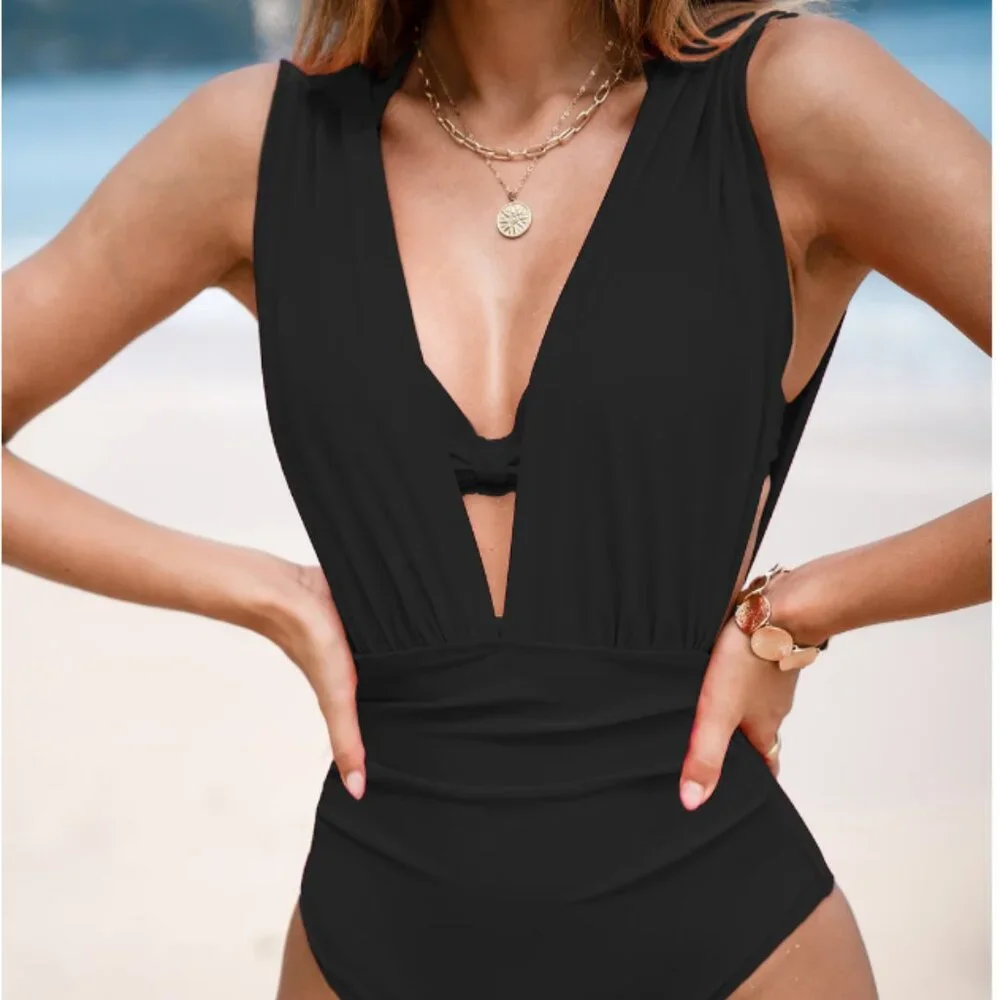 Black Bikini Top & Plunging Ruched Swim Set - Picture 4 of 6